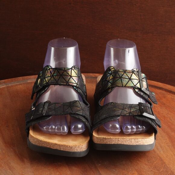 Fly London Sandals Womens SZ EU 40 US 9-9.5 BLK Iridescent Leather Slide Shoes - Picture 3 of 14